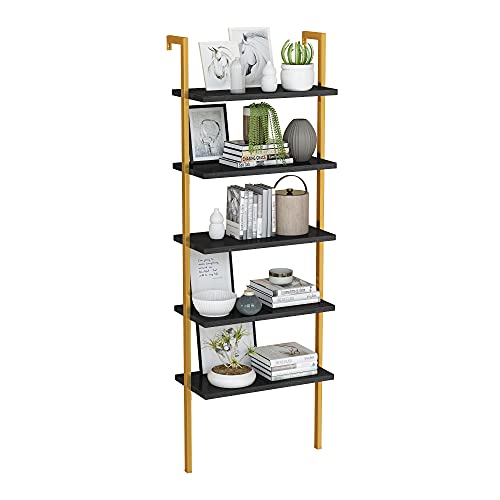 0714243369267 - AWQM LADDER SHELF, 5 TIER WOOD WALL-MOUNTED BOOKCASE WITH STABLE METAL FRAME, 71 INCHES INDUSTRIAL BOOKSHELF KITCHEN STORAGE SHELF ,STAND BOOKSHELF FOR BEDROOM LIVING ROOM OFFICE,GOLD +BLACK