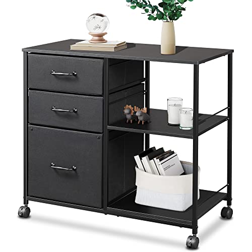 0714243369380 - AWQM 3-DRAWER WOOD FILE CABINET, FABRIC MOBILE LATERAL FILING CABINET,ROLLING PRINTER STAND WITH OPEN STORAGE SHELVES FOR HOME OFFICE, EASY TO ASSEMBLY,BLACK