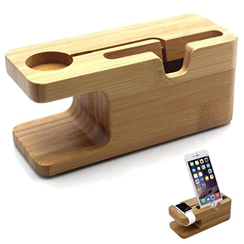 0714367072906 - ZEROELEC APPLE WATCH STAND PHONE STAND NATURAL BAMBOO WOOD CHARGING DOCK COMPATIBLE FOR APPLE WATCH 42MM & 38MM SIZES ALL MODELS