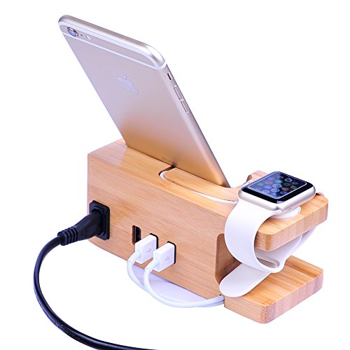 0714367073255 - ZEROELEC 15W 3A 3-PORT USB CHARGER WITH APPLE WATCH & PHONE ORGANIZER STAND,CRADLE HOLDER,DESKTOP BAMBOO WOOD CHARGING STATION FOR IWATCH 38MM 42MM & IPHONE & OTHER SMARTPHONE