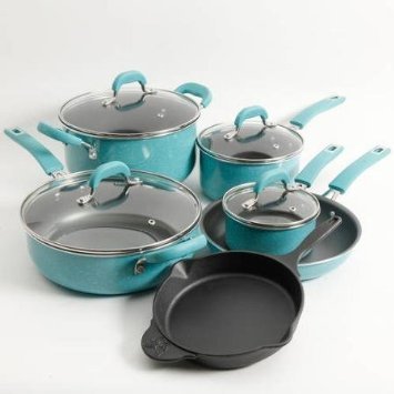 0714547244062 - THE PIONEER WOMAN VINTAGE SPECKLE 10-PIECE NON-STICK PRE-SEASONED COOKWARE SET, TURQUOISE DISHWASHER SAFE