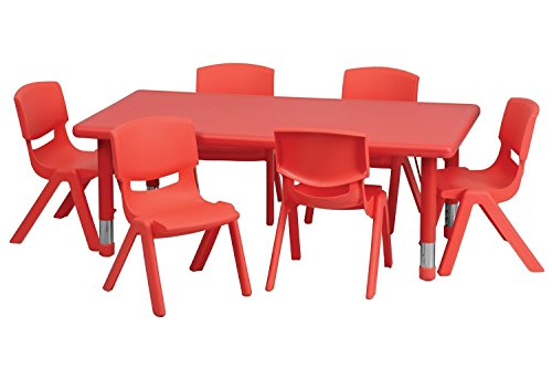 0714602756851 - FLASH FURNITURE YU-YCX-0013-2-RECT-TBL-RED-E-GG ADJUSTABLE RECTANGULAR RED PLASTIC KIDS ACTIVITY TABLE SET WITH 6 SCHOOL STACK CHAIRS, 24 X 48 - SET OF 2