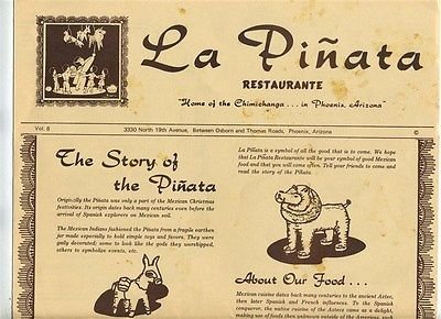 0714639510372 - LA PINATA RESTAURANTE MENU PHOENIX ARIZONA HOME OF THE CHIMICHANGA 1980'S