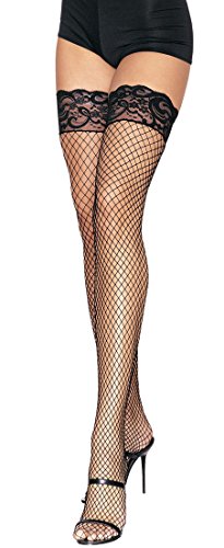 0714718026510 - LEG AVENUE WOMEN'S FISHNET THIGH HIGH STOCKINGS WITH SILICONE LACE TOP, BLACK