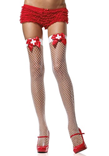0714718397436 - LEG AVENUE WOMEN'S INDUSTRIAL NET THIGH-HIGH STOCKING WITH SATIN BOW AND NURSE B