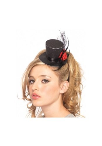 0714718426389 - LEG AVENUE ROSE CLIP-ON PETITE GLITTER TOP HAT WITH POLKA DOT MESH & FEATHER, ONE SIZE, BLACK