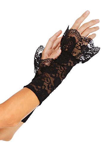 0714718458052 - LEG AVENUE WOMEN'S STRETCH LACE GAUNTLET ARM WARMER WITH SCALLOPED LACE RUFFLE TRIM, BLACK, ONE SIZE