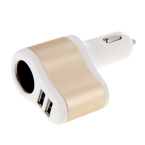0714757548097 - CAR CHARGER 3 IN 1 HI-SPEED 5V 3.1A WITH DUAL USB HUB PORTS AND SINGLE CIGARETTE SOCKET (WHITE WITH GOLD)