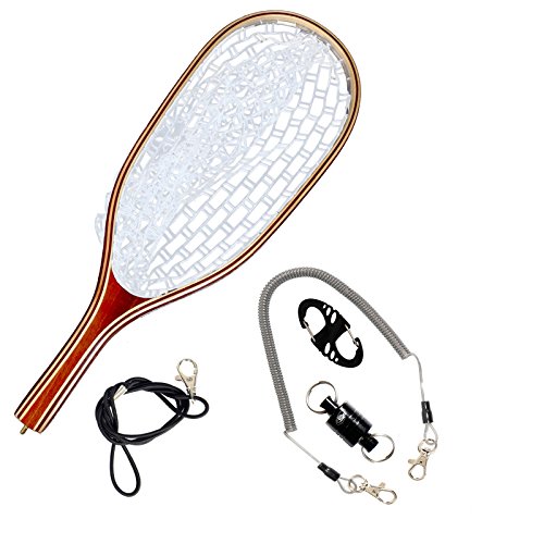 0714838398429 - SF CLASSIC WOOD FLY FISHING LANDING RUBBER TROUT CATCH AND RELEASE NET (CLEAR NET WITH BLACK MAGNETIC RELEASE HOLDER)