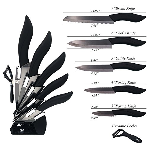 0714890644762 - CERAMIC KNIVES 6-IN-1 SET WITH BLACK HANDLES & BLADES - INCLUDES 1 CERAMIC BREAD KNIFE, 1 CERAMIC CHEF'S KNIFE, 1 CERAMIC UTILITY KNIFE, 2 CERAMIC PARING KNIVES, 1 CERAMIC PEELER