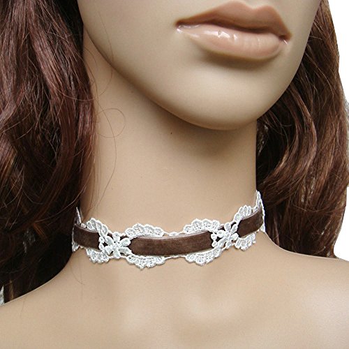 0714953507799 - ZEROMART WHITE LACE AND BROWN RIBBON VICTORIAN GOTHIC LOLITA CHOKER NECKLACE