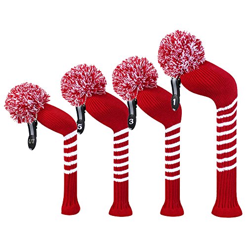 0714973581021 - SCOTT EDWARD CRIMSON RED CLASSIC STRIPES GOLF CLUB HEAD COVERS, ACRYLIC YARN DOUBLE-LAYERS KNITTED, SET OF 4