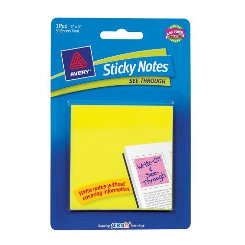 0715202241860 - AVERY STICKY NOTES SEE-THROUGH, 3 X 3, YELLOW, 50 SHEETS , (12 PACK)