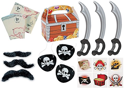0715660867107 - 150 PIECE PLUS PIRATE PARTY FAVOR PACK TOY BUNDLE (INFLATABLE SWORDS, TATTOOS, MUSTACHES, EYE PATCHES, TREASURE CHEST FAVOR BOXES, MAPS)