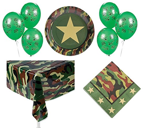 0715660867114 - CAMOUFLAGE SOLDIER DECORATIONS TABLEWARE BOY'S PARTY PACK BUNDLE (1 TABLE COVER, 8 ARMY DINNER PLATES, 16 LUNCHEON NAPKINS, 12 MILITARY BALLOONS)