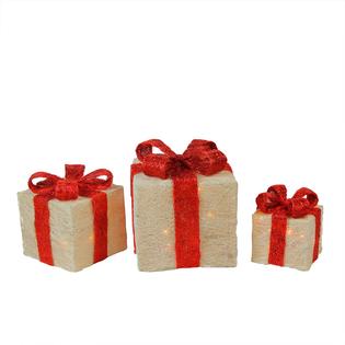0715833099366 - SET OF 3 LIGHTED SPARKLING CREAM SISAL GIFT BOXES CHRISTMAS YARD ART DECORATIONS