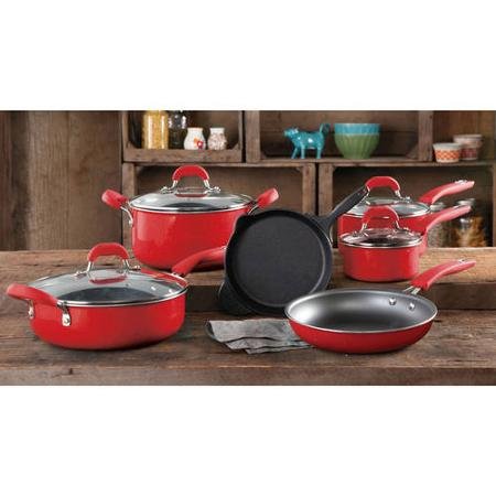 0715877320341 - THE PIONEER WOMAN VINTAGE SPECKLE 10-PIECE NON-STICK PRE-SEASONED COOKWARE SET , RED