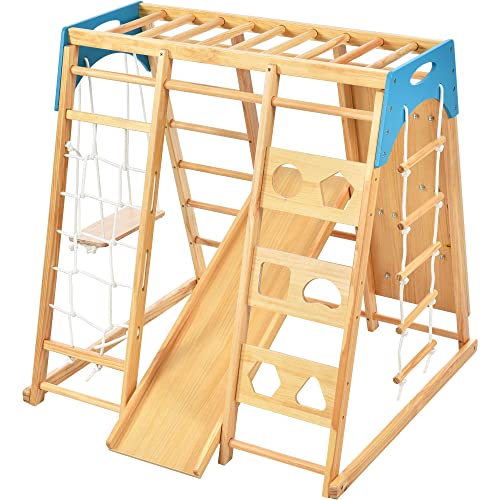 0716198923884 - GOOHOME TODDLERS WOODEN CLIMBER 8-IN-1 SLIDE PLAYSET WITH SLIDE, INDOOR KIDS PLAYGROUND JUNGLE GYM, WOODEN ROCK CLIMBING WALL WITH ROPE WALL CLIMB, MONKEY BARS, AND SWING SET, GREAT GIFT FOR KIDS