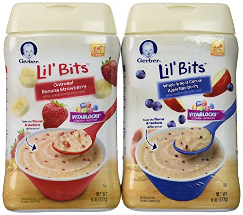 0716214698987 - GERBER CEREAL LIL' BITS GREAT FLAVOR COMBO PACK ONE 8OZ PACK OF OATMEAL BANANA STRAWBERRY AND ONE 8OZ PACK OF WHOLE WHEAT APPLE BLUEBERRY.