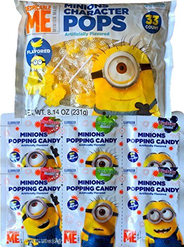 0716669252116 - MINIONS CHARACTER POPS BANANA FLAVORED 33 COUNT WITH 6 PACK MINIONS POPPING CANDY 2 STRAWBERRY , 2 GREEN APPLE AND 2 BLUEBERRY THE PERFECT SNACK OR PERFECT MINION HALLOWEEN CANDY