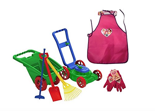 0716686454760 - KIDS OR TODDLER PRETEND PLAY TOYS LAWN MOWER,GARDEN CART/WHEELBARROW,HOE,RACK AND SHOVEL OUTDOOR/INDOOR PLASTIC GARDENER SET WITH DISNEY PRINCESSES APRON AND GLOVES. BACKYARD FUN MADE IN USA