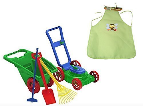 0716686454944 - KIDS OR TODDLER PRETEND PLAY TOYS LAWN MOWER,GARDEN CART/WHEELBARROW,HOE,RACK AND SHOVEL OUTDOOR/INDOOR PLASTIC GARDENER SET WITH APRON. BACKYARD FUN MADE IN USA BY AMERICAN PLASTIC TOYS