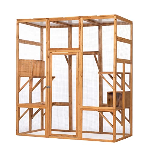 0717019873739 - YFCOO OUTDOOR CAT ENCLOSURE, LARGE WOOD CAT-CAGE WITH SUNLIGHT TOP PANEL, 7 PLATFORMS, PERCHES, 2 SLEEPING BOXES, PET PLAYPEN, ONE HIGH DOOR,EASY TO ASSEMBLY,ORANGE, 62.4 L X 32.3 W X 70.1 H