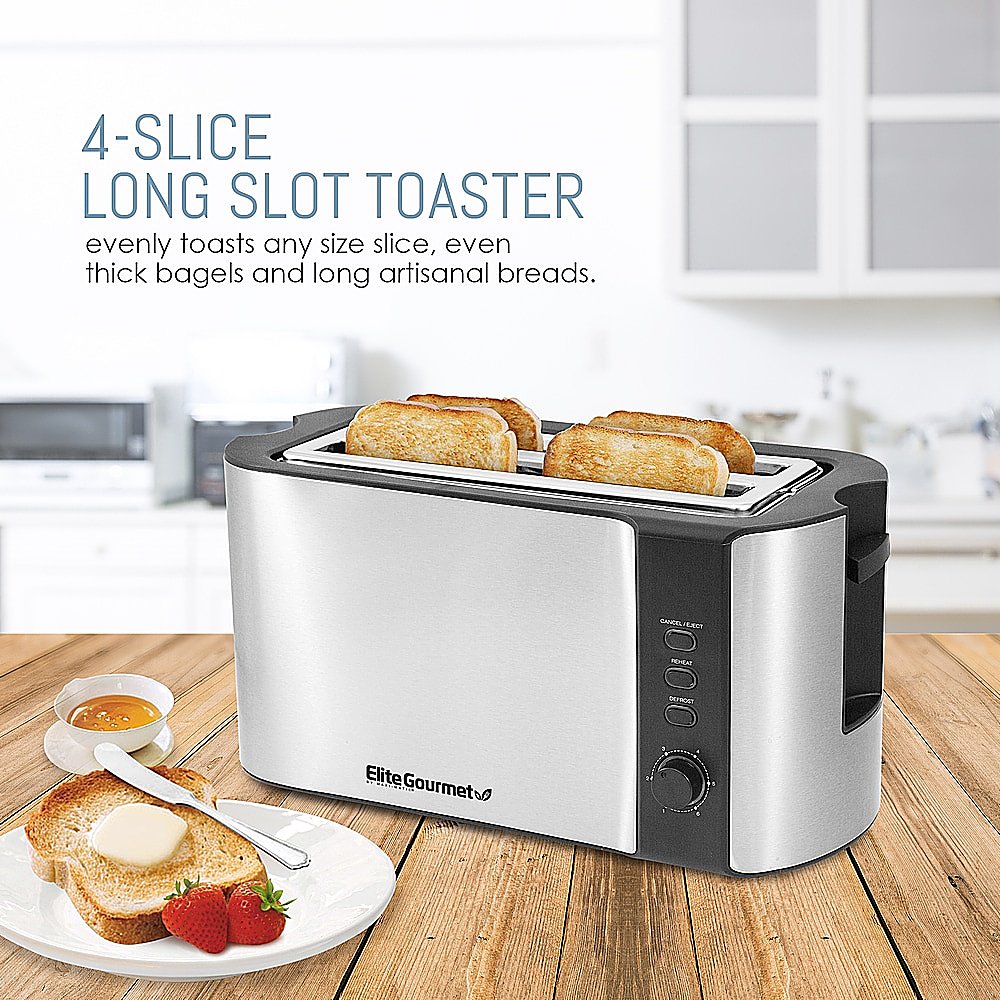 0717056129639 - ELITE PLATINUM ECT-3100# COOL TOUCH LONG SLOT TOASTER WITH EXTRA WIDE 1.25 SLOTS FOR BAGELS, 6 SETTINGS, SPACE SAVING DESIGN, WARMING RACK, 4 SLICE, STAINLESS STEEL & BLACK