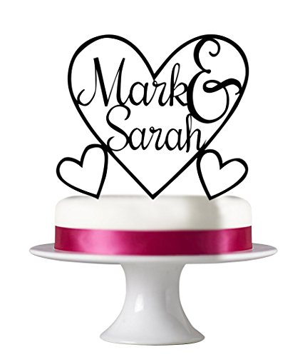 0717080452925 - HEART WEDDING CAKE TOPPER BLACK ACRYLIC GROOM AND BRIDALS NAME