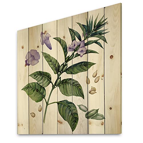 0717219966583 - DESIGNQ PURPLE SESAME FLOWERS WITH GREEN LEAVES - TRADITIONAL PRINT ON NATURAL PINE WOOD