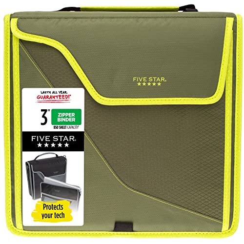 0071723080815 - FIVE STAR 3 INCH ZIPPER BINDER WITH REMOVABLE PADDED CASE, 850 SHEET CAPACITY, SEWN, OLIVE/CITRUS (292960C)