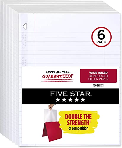 0071723091217 - FIVE STAR LOOSE LEAF PAPER, 6 PACK, 3 HOLE PUNCHED, REINFORCED FILLER PAPER, WIDE RULED PAPER, 10-1/2 X 8, 80 SHEETS/PACK