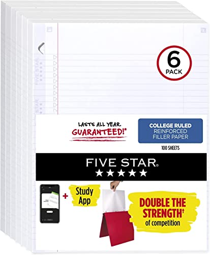 0071723091514 - FIVE STAR LOOSE LEAF PAPER + STUDY APP, 6 PACK, 3 HOLE PUNCHED, REINFORCED FILLER PAPER, COLLEGE RULED PAPER, 11 X 8-1/2, 80 SHEETS/PACK
