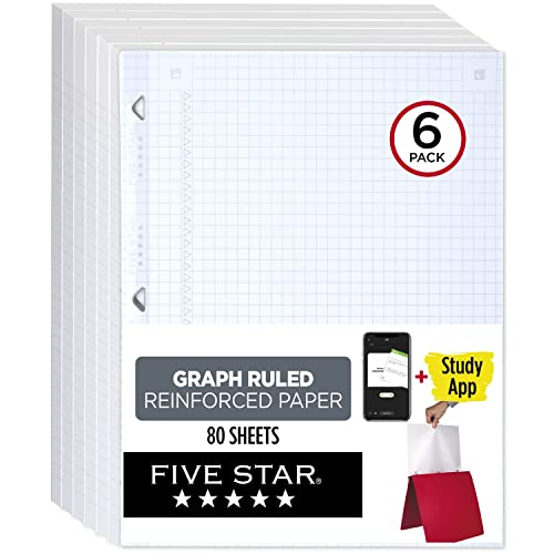 0071723091811 - FIVE STAR LOOSE LEAF PAPER, 6 PACK, 3 HOLE PUNCH NOTEBOOK PAPER, REINFORCED GRAPH RULED FILLER PAPER, FIGHTS INK BLEED, 8-1/2 X 11, 80 SHEETS PER PACK