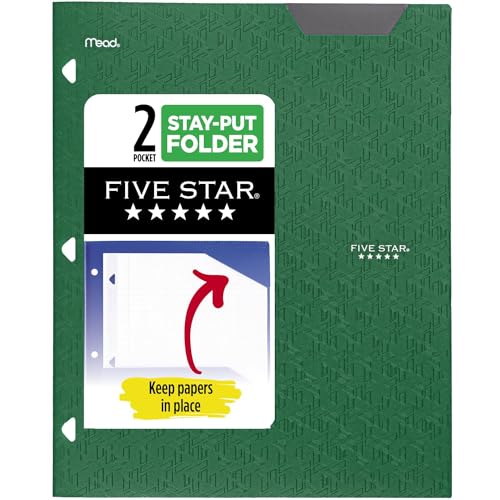 0071723151041 - FIVE STAR 2-POCKET FOLDER, PLASTIC FOLDER WITH STAY-PUT TABS AND PRONG FASTENERS, FITS 3 RING BINDER, HOLDS 8-1/2 X 11 PAPER, GREEN (333420E-ECM)