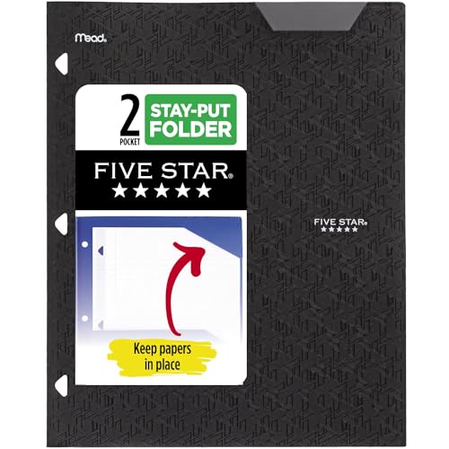 0071723151140 - FIVE STAR 2-POCKET FOLDER, PLASTIC FOLDER WITH STAY-PUT TABS AND PRONG FASTENERS, FITS 3 RING BINDER, HOLDS 8-1/2 X 11 PAPER, BLACK (333420G-ECM)