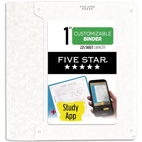 0071723163211 - FIVE STAR 3 RING BINDER, 1 INCH BINDER WITH D RINGS, CUSTOMIZABLE CLEAR VIEW COVER + STUDY APP, POLY, WHITE (261440A-ECM)