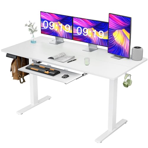 0717242722927 - SMUG KEYBOARD, 55 X 24 IN ELECTRIC HEIGHT ADJUSTABLE HOME OFFICE SIT STAND UP DESK COMPUTER TABLE WITH MEMORY CONTROLLER/HEADPHONE HOOK, 55-TRAY, WHITE