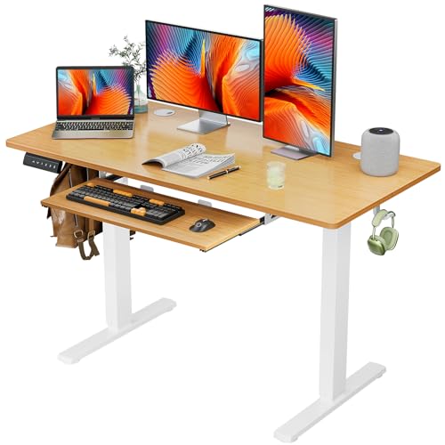 0717242723214 - SWEETCRISPY STANDING DESK WITH KEYBOARD TRAY, 48 X 24IN ADJUSTABLE HEIGHT ELECTRIC STAND UP DESK STANDING COMPUTER DESK HOME OFFICE DESK ERGONOMIC WORKSTATION WITH 3 MEMORY CONTROLLER, BAMBOO TEXTURE