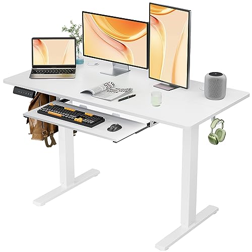 0717242723672 - STANDING DESK WITH KEYBOARD TRAY, 48 X 24 INCHES ERGONOMIC ADJUSTABLE DESK STAND UP DESK, ELECTRIC STANDING DESK ADJUSTABLE HEIGHT WITH 3 MEMORY PRESETS COMPUTER DESK FOR HOME OFFICE, WHITE