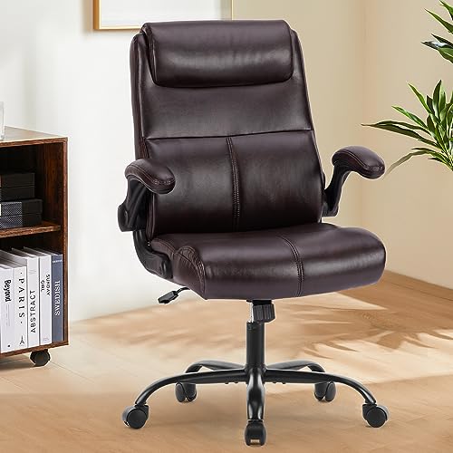 0717242726154 - SWEETCRISPY BROWN ERGONOMIC EXECUTIVE OFFICE CHAIR: MID BACK DESK CHAIR WITH WHEELS HEIGHT ADJUSTABLE COMPUTER CHAIR WITH LUMBAR SUPPORT PU LEATHER OFFICE CHAIR FLIP-UP ARMS