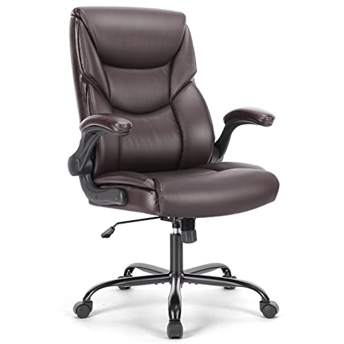 0717242731349 - OLIXIS HOME OFFICE HIGH BACK ERGONOMIC EXECUTIVE DESK, PU LEATHER FLIP-UP ARMRESTS COMPUTER, ROLLING CHAIR WITH WHEELS, BROWN