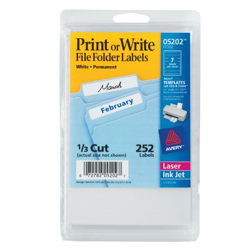 7174117176095 - AVERY FILE FOLDER LABELS, LASER AND INKJET PRINTERS, 1/3 CUT, WHITE, PACK OF 252