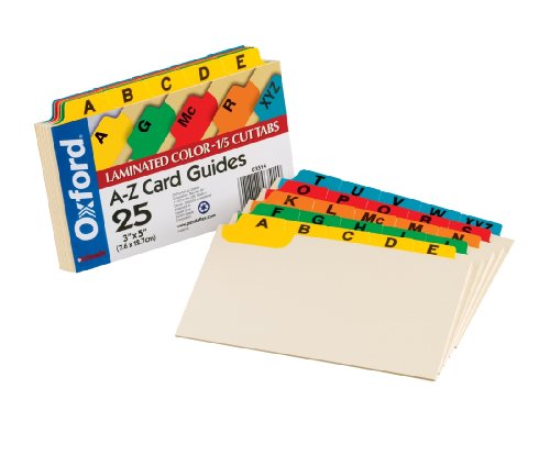 7174117202640 - OXFORD INDEX CARD GUIDES WITH LAMINATED TABS, ALPHABETICAL, A-Z, ASSORTED COLORS, 3 X 5 SIZE, 25 GUIDES PER SET