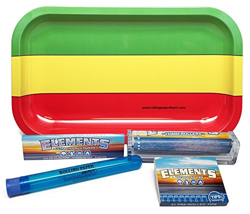 0717880492749 - BUNDLE - 5 ITEMS - ELEMENTS KING SIZE ROLLING PAPERS, 110 ROLLER AND PRE-ROLLED TIPS WITH ROLLING PAPER DEPOT ROLLING TRAY (RASTA) AND DOOBTUBE