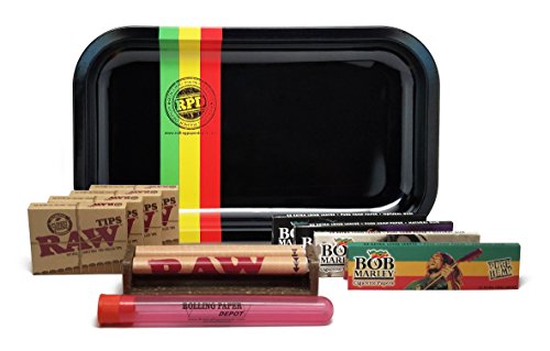 0717880492916 - BUNDLE - 11 ITEMS - ROLLING PAPER DEPOT TRAY(RASTA RACER), BOB MARLEY KING SIZE PAPERS, RAW PRE-ROLLED TIPS, RAW 110MM ROLLER AND ROLLING PAPER DEPOT XL DOOBTUBE