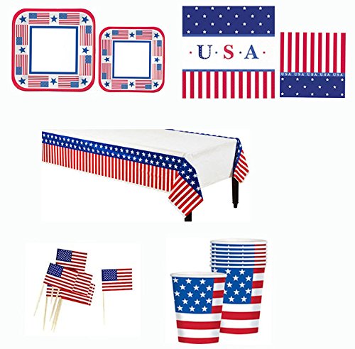 0717969108608 - 4TH OF JULY AMERICANA STARS & STRIPES PARTY SUPPLY PACK FOR 8 GUESTS INCLUDES PLATES, NAPKINS, CUPS, SILVERWARE, 1 TABLECOVER, HORS D'OEUVRE PICKS