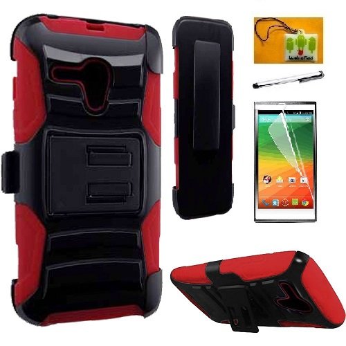 0718102361645 - POP STAR 2 A521L / NOVA LTE A520L (STRAIGHTTALK), LF 4 IN 1 BUNDLE, HYBRID ARMOR STAND CASE WITH HOLSTER AND LOCKING BELT CLIP, STYLUS PEN, SCREEN PROTECTOR & WIPER ACCESSORY (HOLSTER RED)