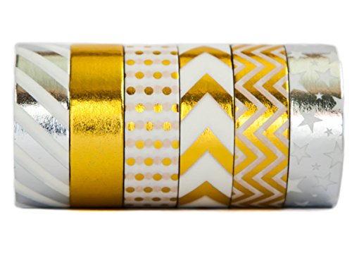 7181031257076 - GOLD WASHI COLORED DECORATIVE MASKING PAPER TAPE - PREMIUM QUALITY REPOSITIONABLE & WRITABLE - 6 ROLLS SET (15MM X 10M) - GOLD & SILVER - BY WASHI.DESIGN (SILVER GOLD)