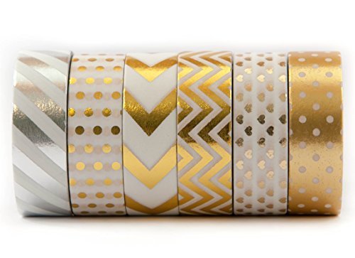 7181031257083 - 6 ROLLS OF GOLD WASHI COLORED DECORATIVE MASKING TAPE - FOR GIFT WRAPPING, SCRAPBOOKING, CREATIVE WORK - CHEVRON, STRIPE, ARROW, POLKA DOT, HEART - (15MM X 10M) - BY WASHI.DESIGN (ROYAL GOLD)